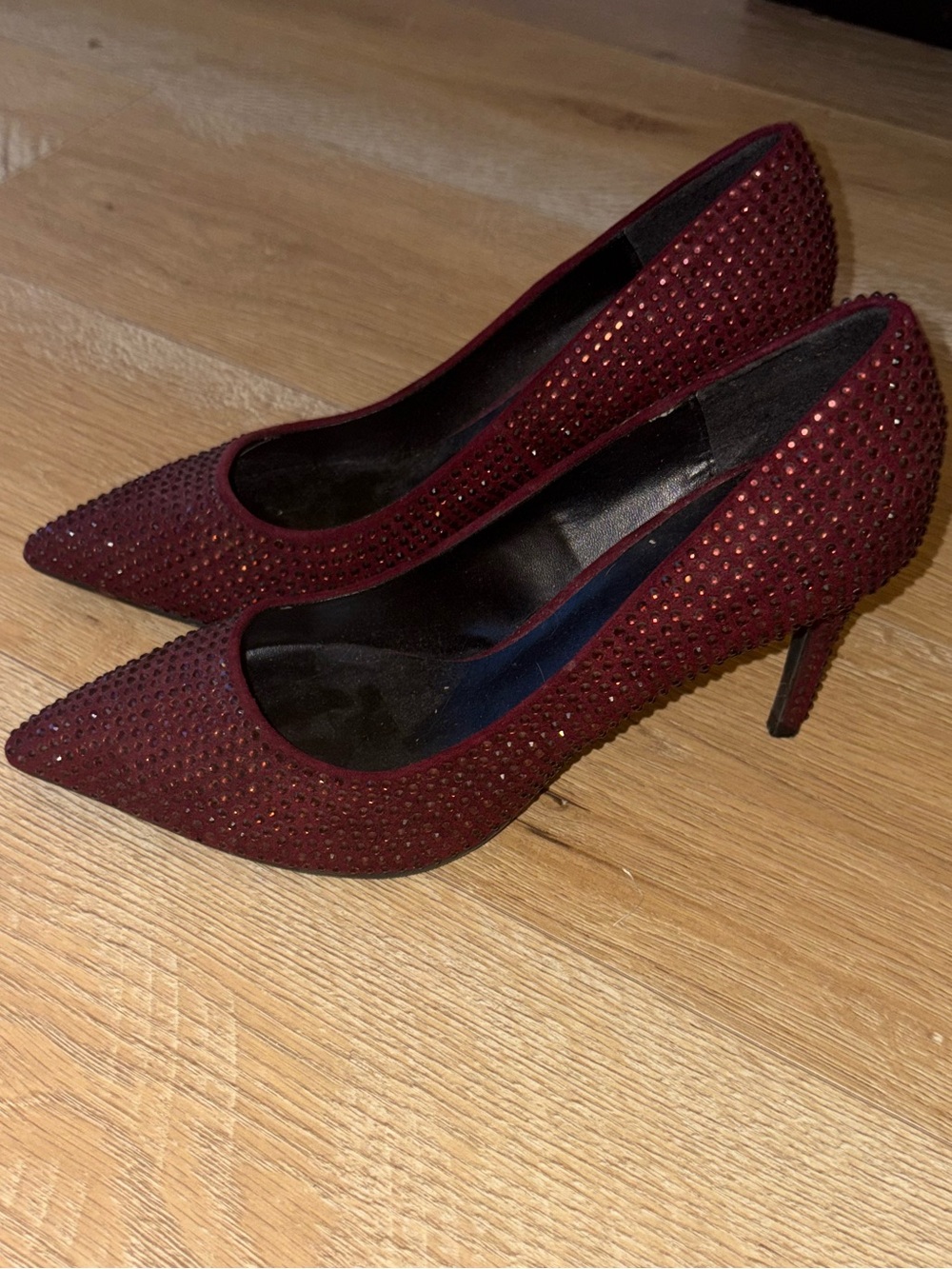 le chateau Burgundy Pointed Crystal-Embellished Heels